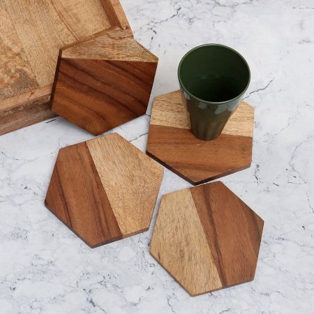 Hexagon Shaped Premium Wooden Coasters - Pack of 4
